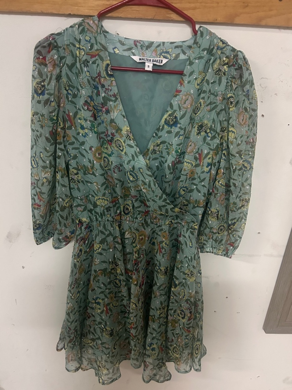 Walter Baker Sage Green Floral Wrap Mini Dress